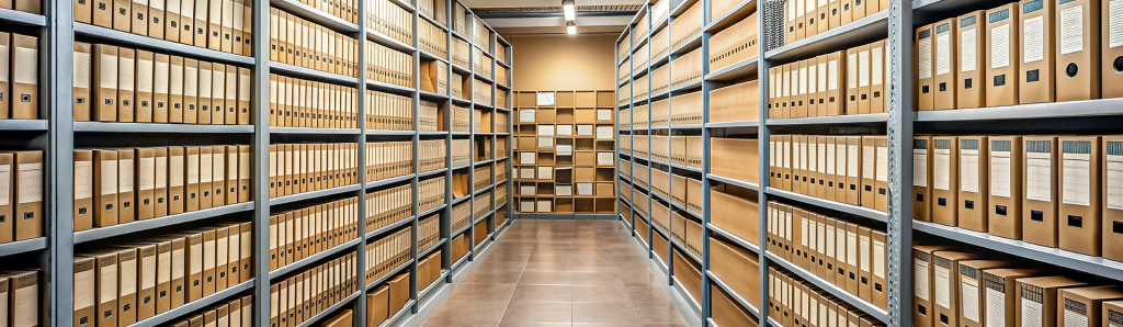 Archive room with rows of organized manila file folders on metal shelving units, extending down a long corridor with fluorescent lighting.