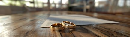 A prenup agreement to be signed lies on a wooden surface