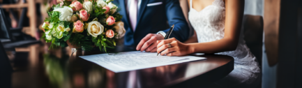 A young couple signing a prenup agreement